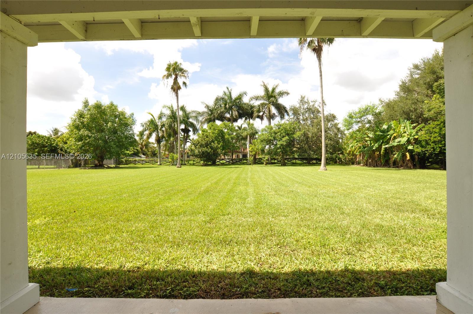 Expansive backyard featuring a large grass lawn, mature palm trees, perimeter fencing, and a covered porch with structural columns
