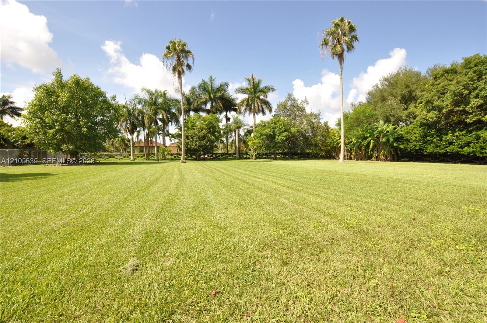 Expansive lawn area featuring mature palm trees, dense perimeter vegetation, and wood-rail fencing