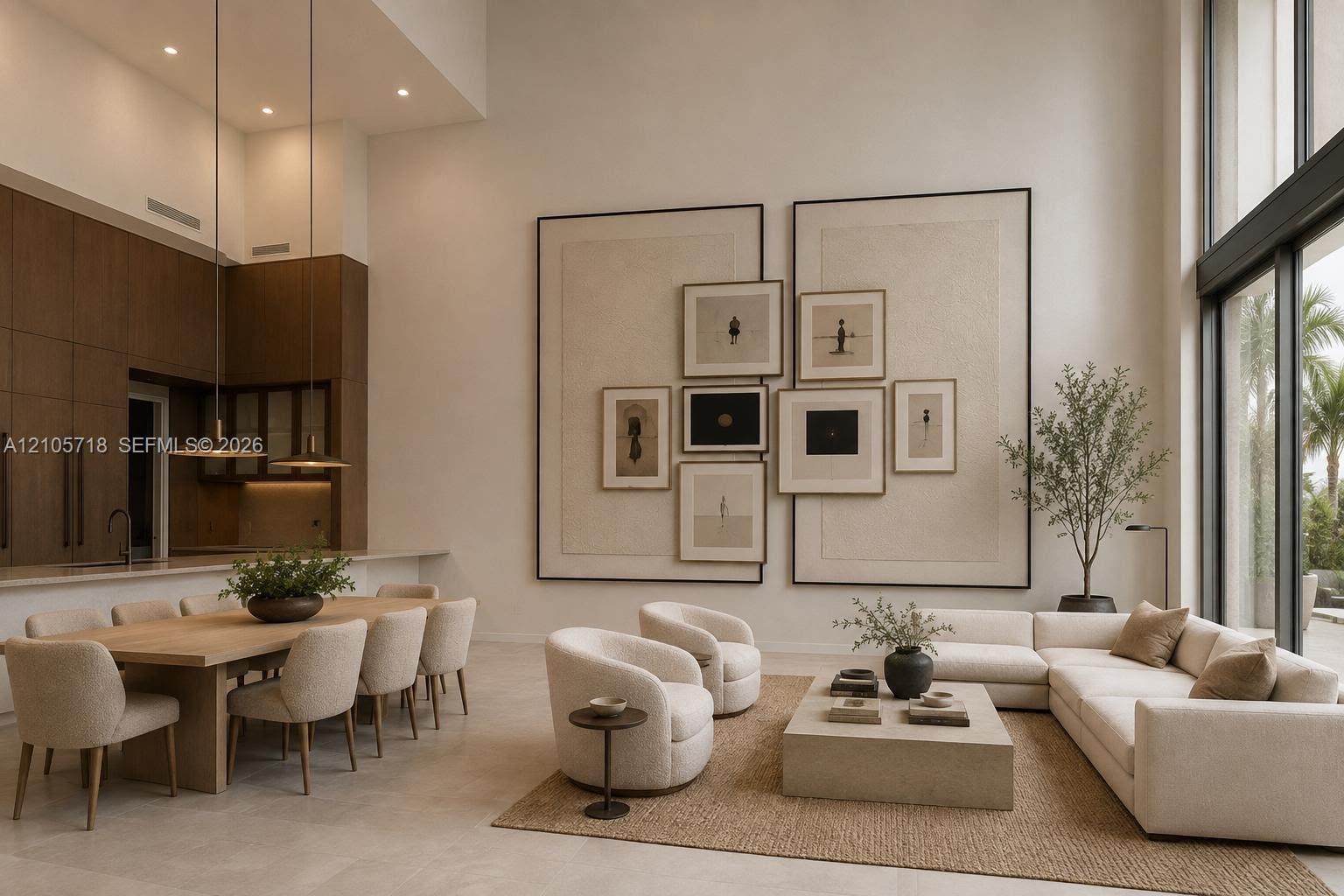 Double-height ceilings, floor-to-ceiling windows, custom built-in wall paneling, full-height dark wood-finish cabinetry, and neutral stone-finish flooring Double-height ceilings, floor-to-ceiling windows, custom built-in wall paneling, full-height dark wood-finish cabinetry, and neutral stone-finish flooring