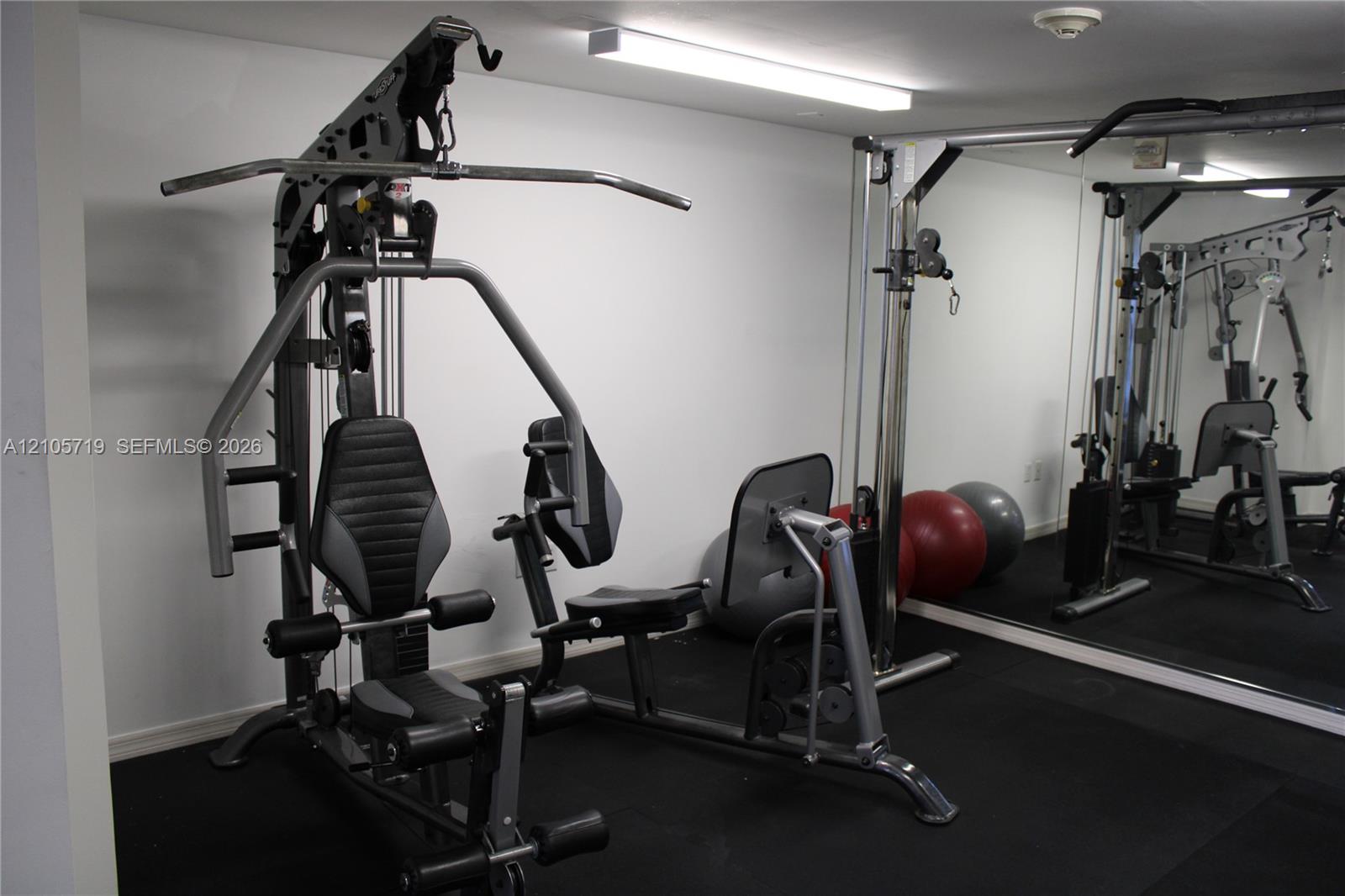 Wall-to-wall mirrored surface, uniform overhead linear lighting, and durable rubberized flooring