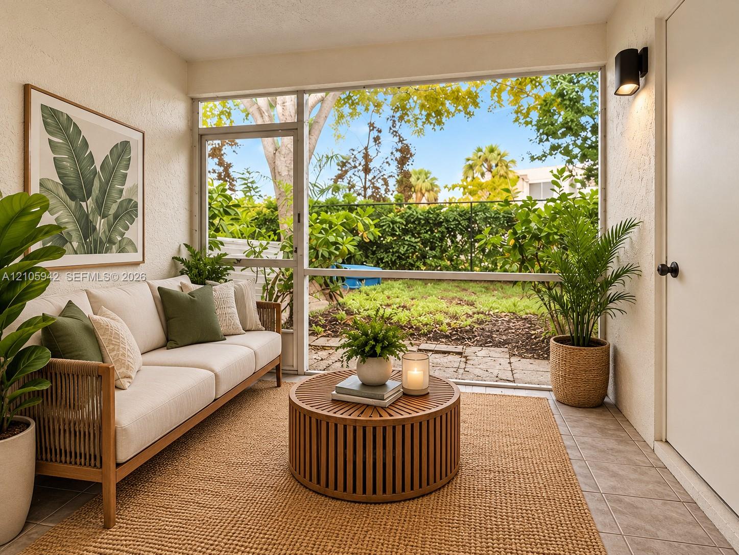Staged-Screened-in porch featuring tiled flooring
