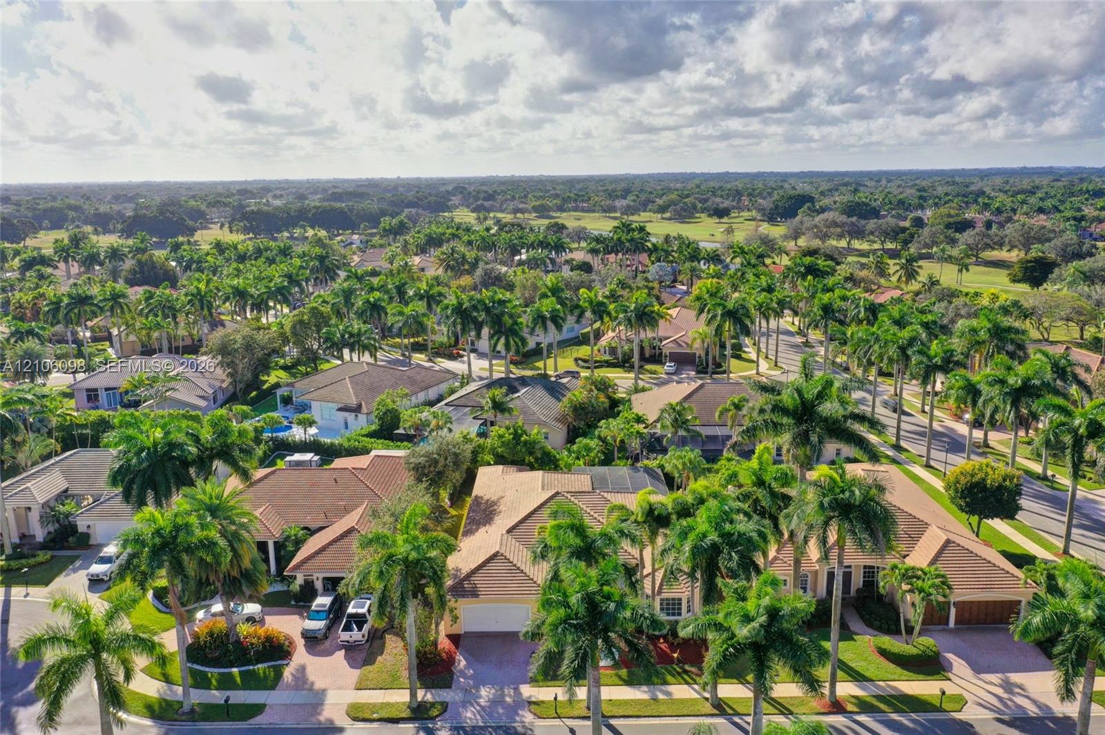 Aerial perspective featuring a residential community with paved streets, mature palm trees, and tiled-roof structures