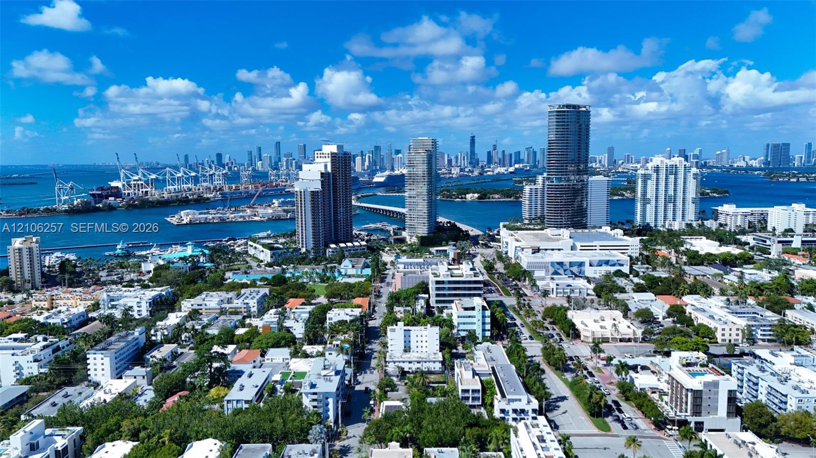 Aerial perspective showcasing the urban coastal landscape, high-rise architecture, proximity to the waterfront, maritime infrastructure, and integrated street grid