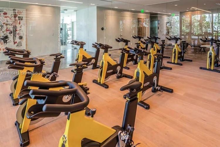 Fitness center featuring wood-finish flooring, floor-to-ceiling mirrored walls, and recessed linear lighting