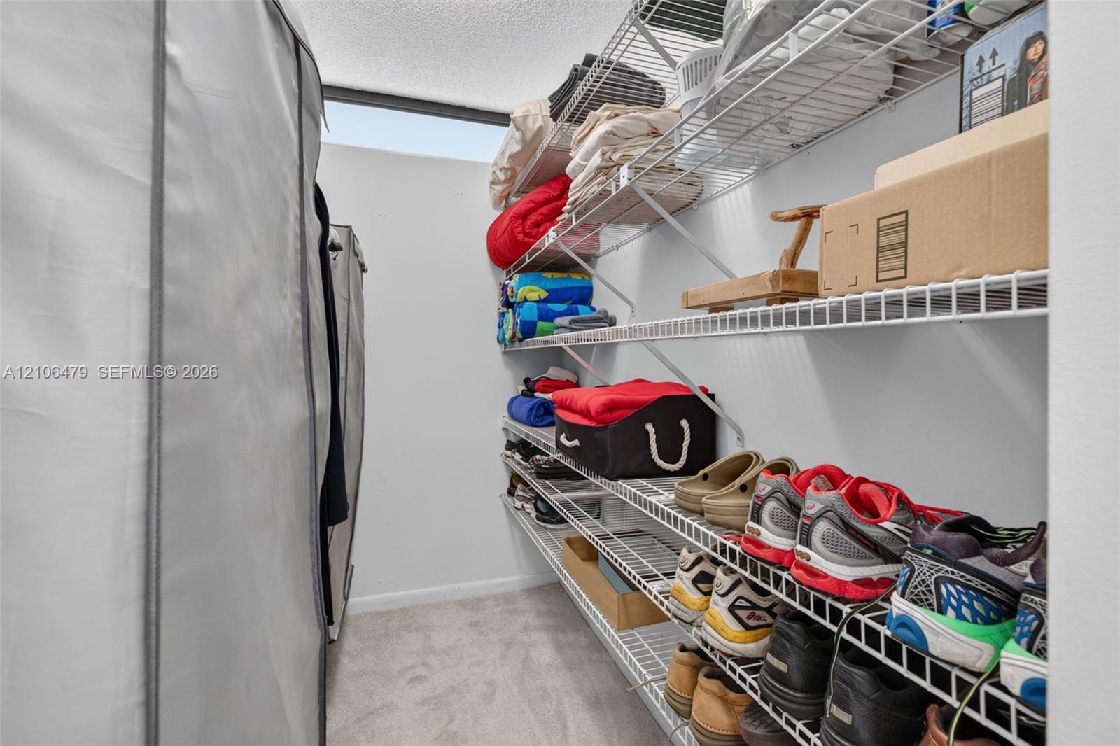 Storage area featuring wall-to-wall wire shelving and carpeted flooring