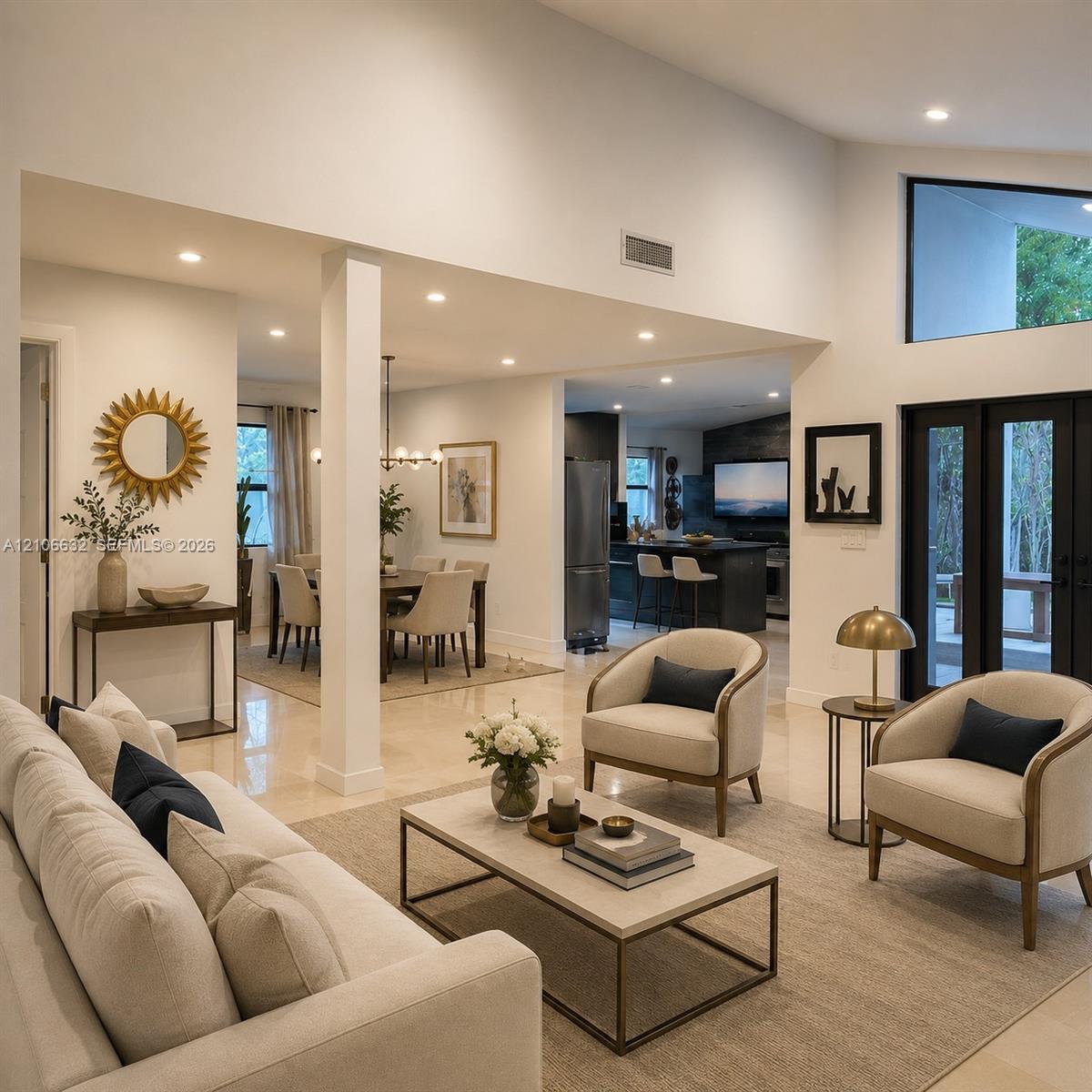 AI enhanced. Vaulted ceilings, expansive tile flooring, recessed lighting, clerestory windows, and double-entry glass paneled doors