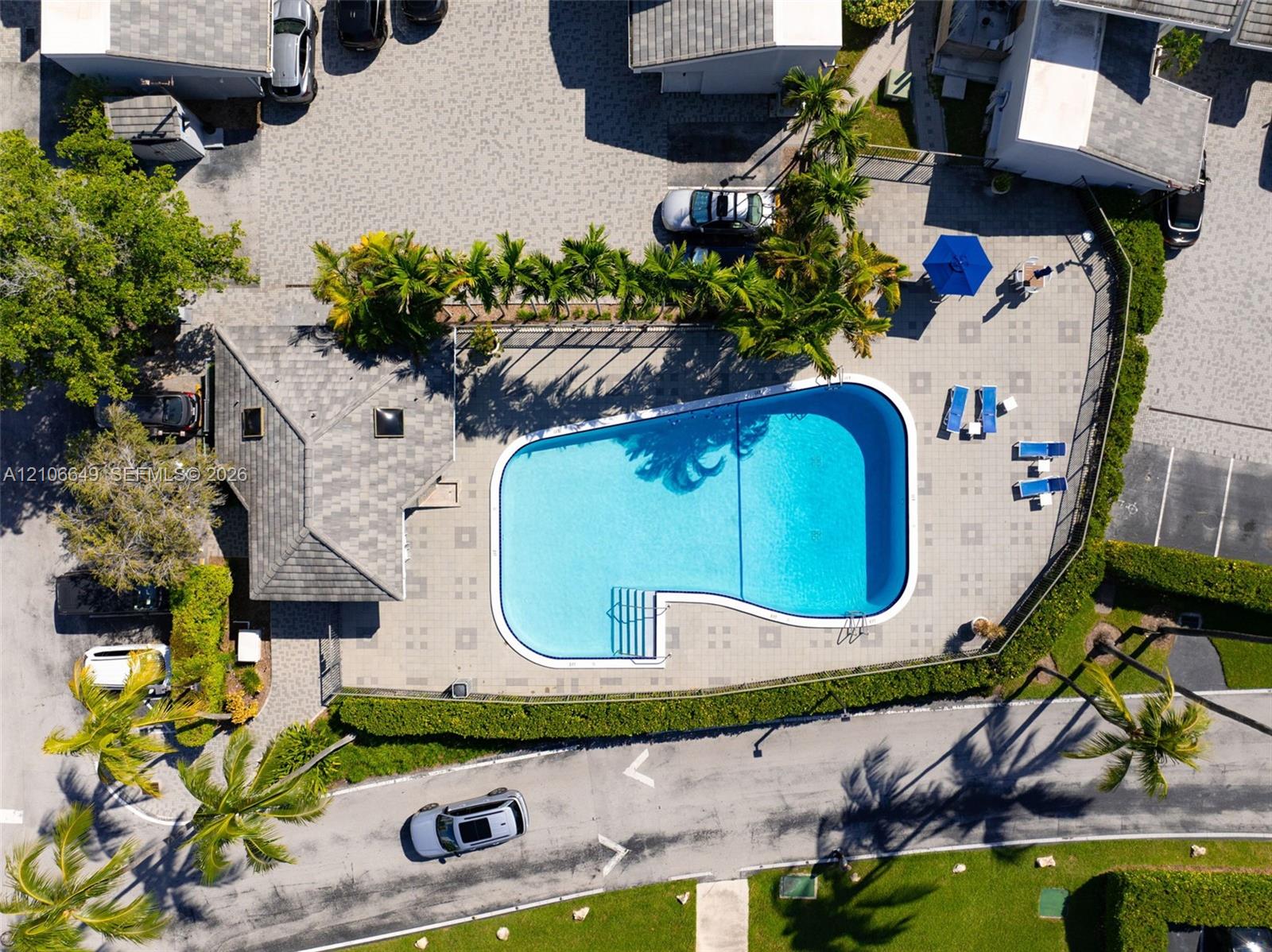 Aerial view featuring a swimming pool with integrated stairs, expansive paved deck, mature palm trees, and perimeter landscaping