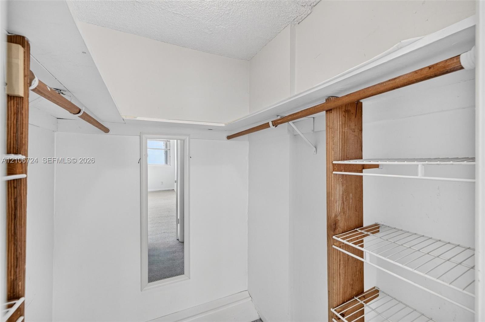 Storage closet featuring wood-finish support beams, integrated wire shelving, full-length door mirror, and hanging rods