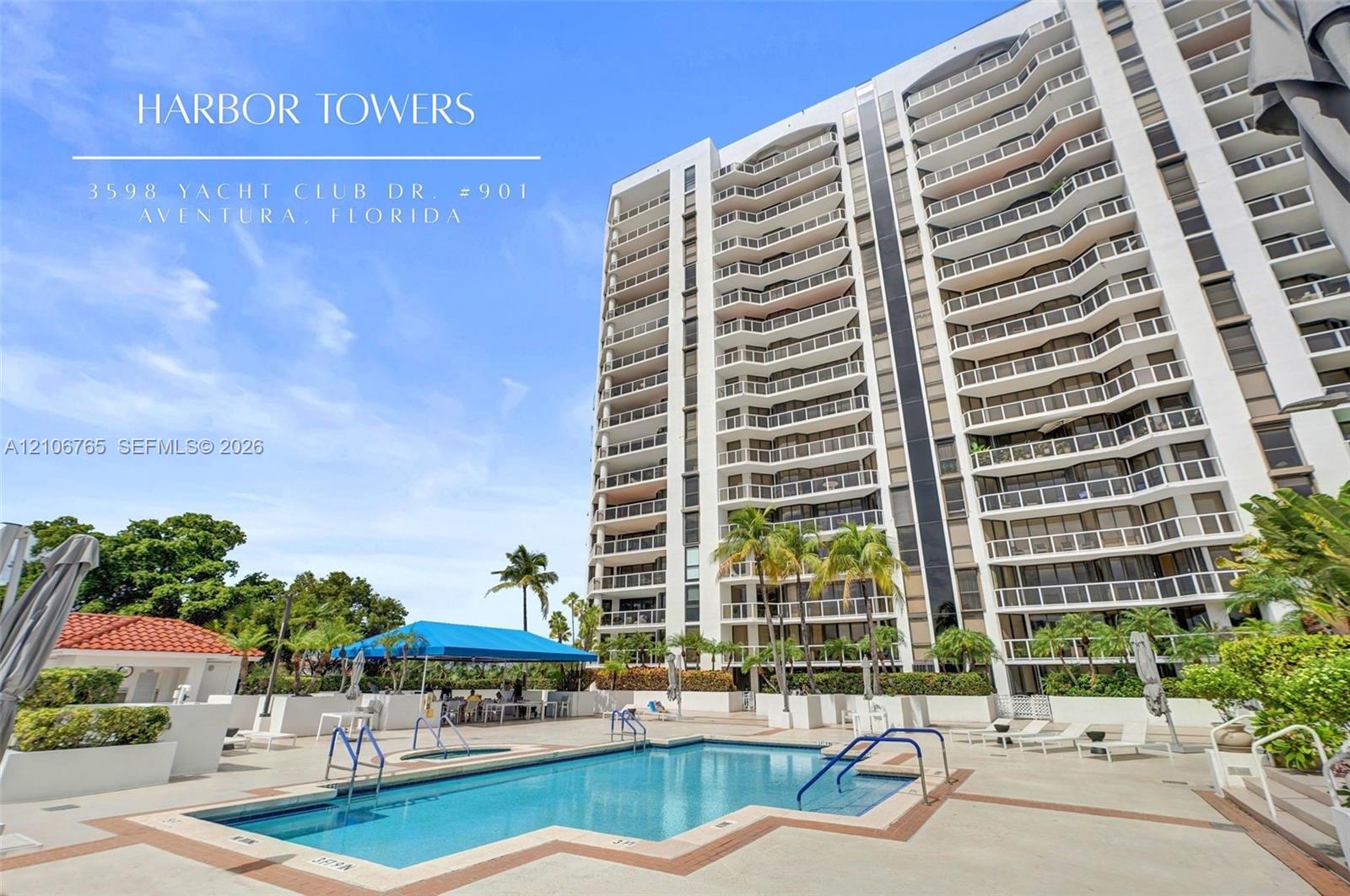 High-rise building exterior, tiered balconies, swimming pool, paved pool deck, and beautiful landscaping High-rise building exterior, tiered balconies, swimming pool, paved pool deck, and beautiful landscaping