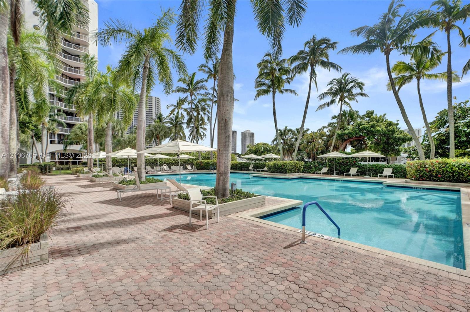 Resort-style swimming pool featuring a brick paver deck, palm tree landscaping, built-in planters, and multi-level water entry