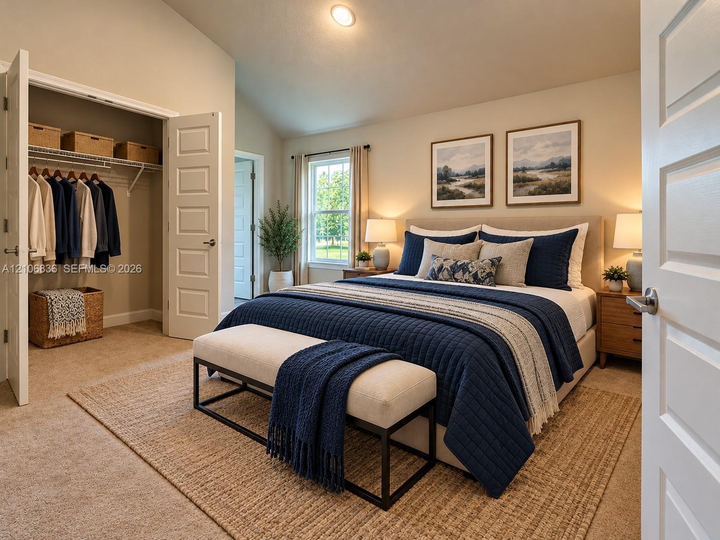 Vaulted ceiling, wall-to-wall carpeting, and walk-in closet with integrated shelving