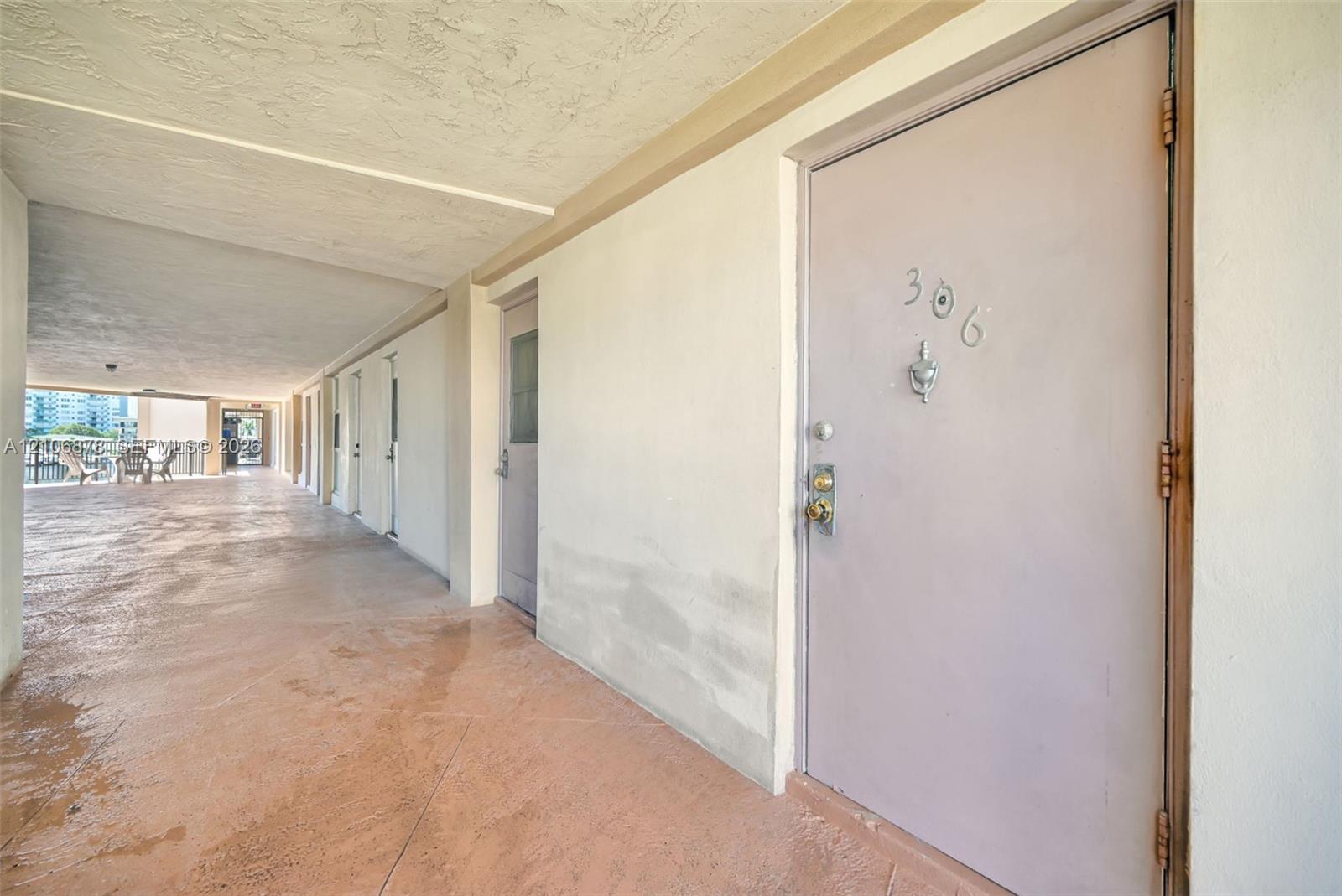 Exterior walkway featuring textured concrete flooring, painted masonry walls, and a metal entry door with a brass-finish door knocker and hardware