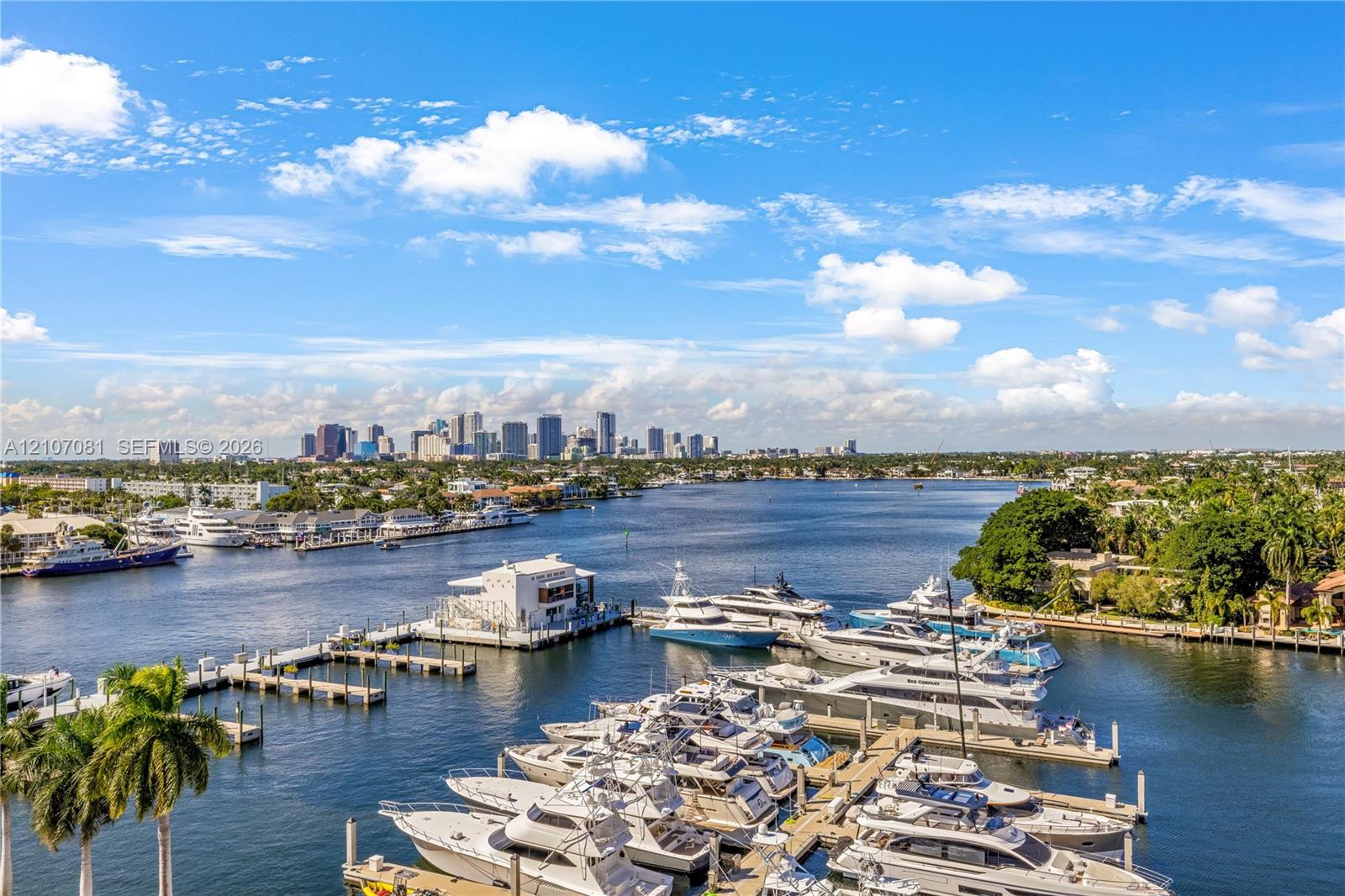 Waterfront setting featuring a deep-water marina, multiple boat slips, and a distant cityscape skyline