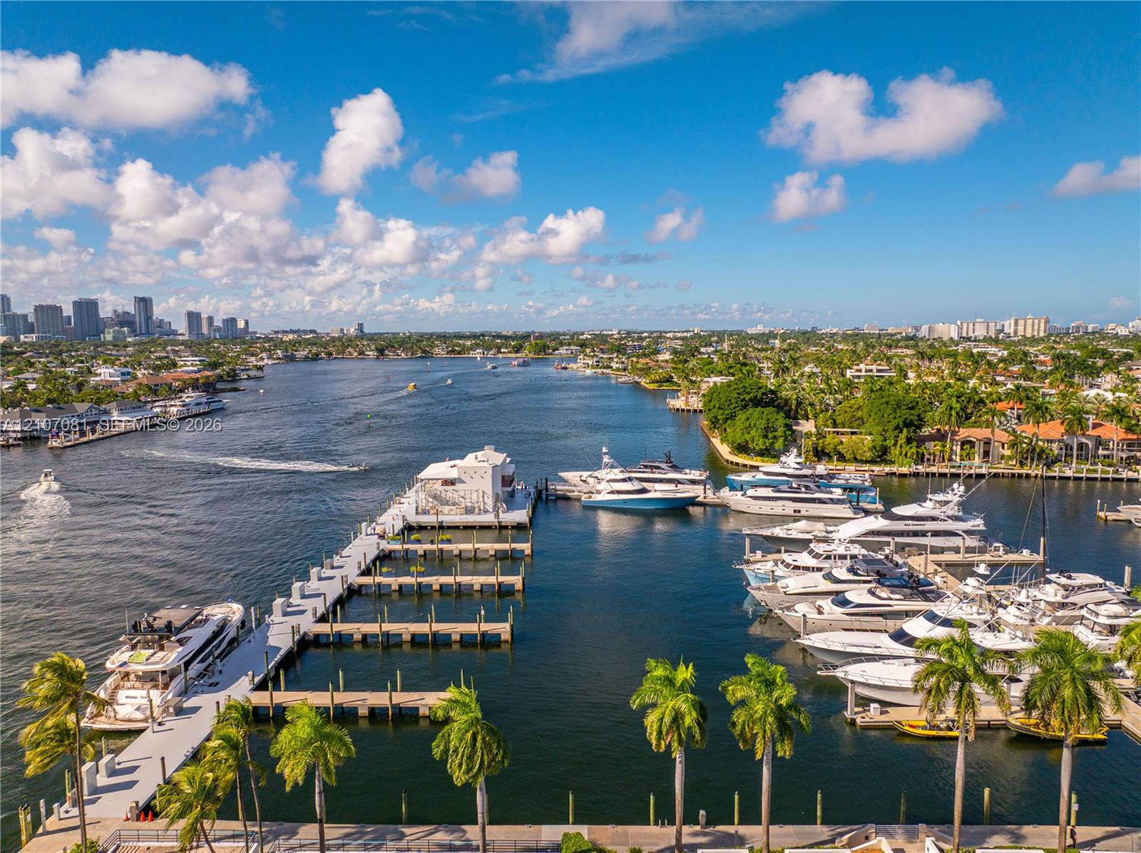 Deep-water marina featuring multi-slip concrete docking, integrated boat lift structure, and mature palm landscaping