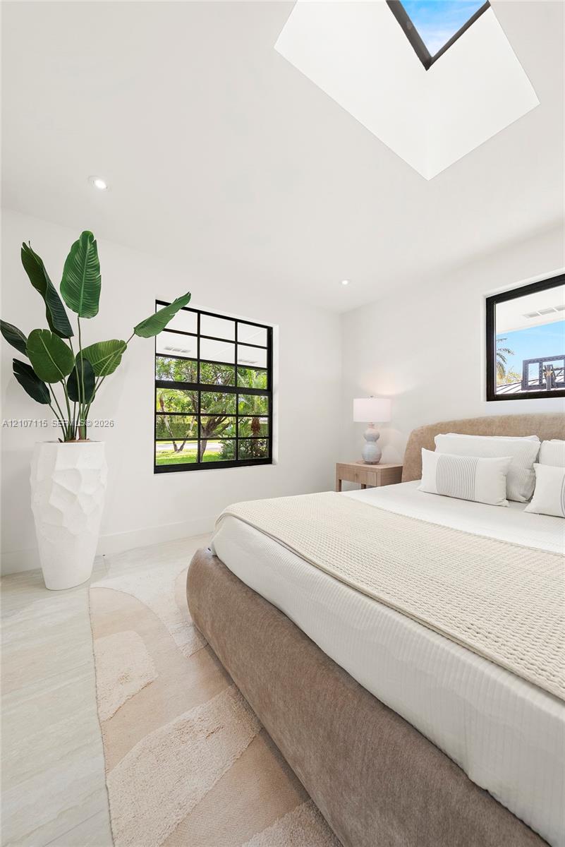Skylight, multi-pane black-framed windows, and light-toned flooring
