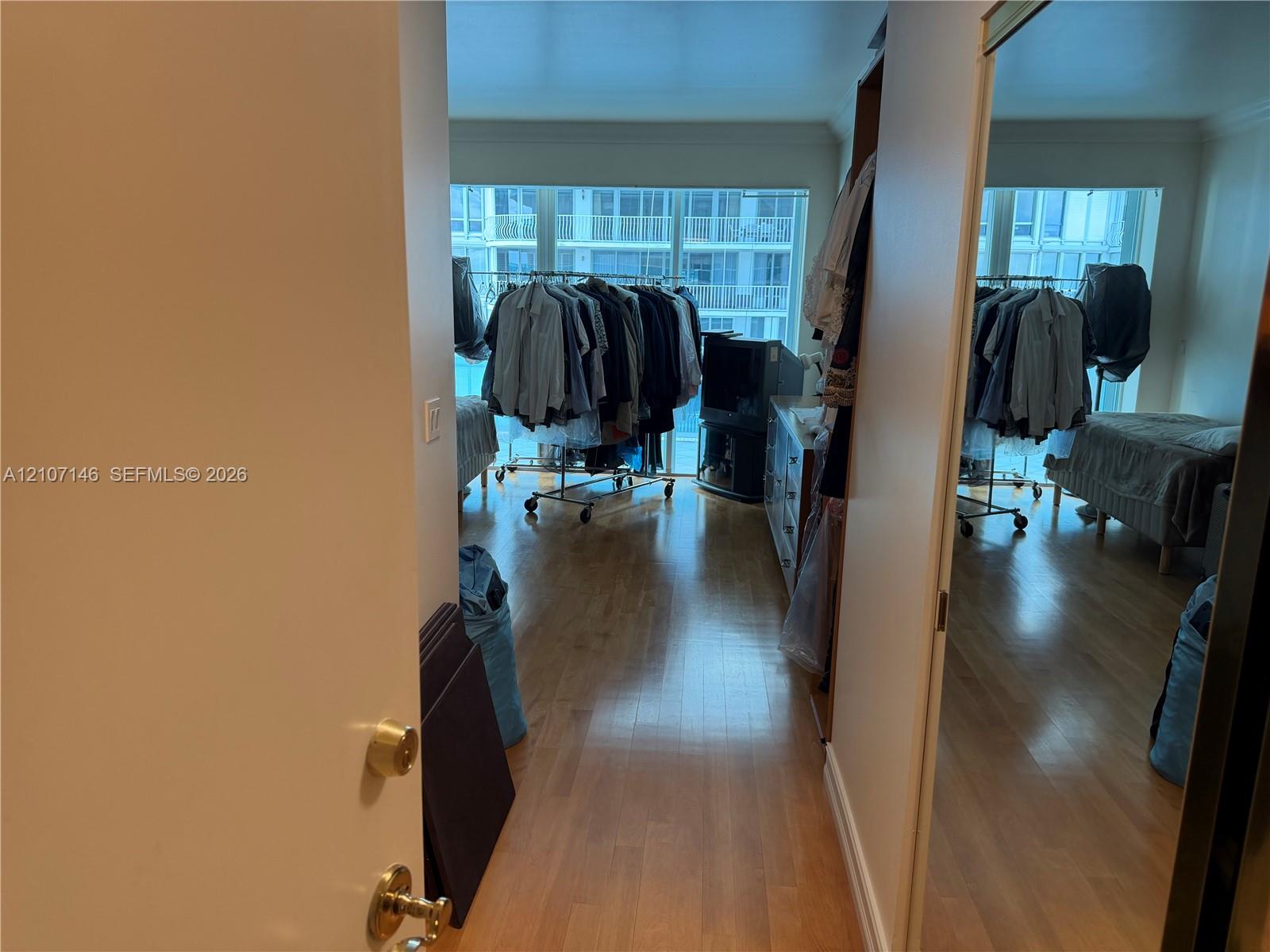 Wood-finish flooring, full-length mirrored closet doors, and floor-to-ceiling windows