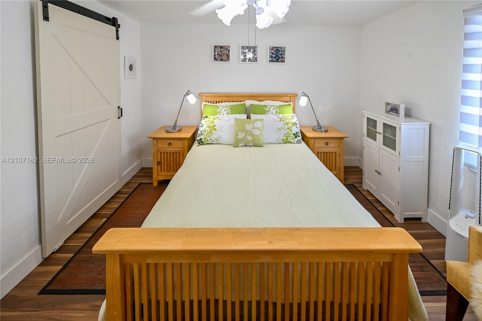 Interior room featuring wood-finish flooring, a white sliding barn door with black iron hardware, and a ceiling-mounted light fixture