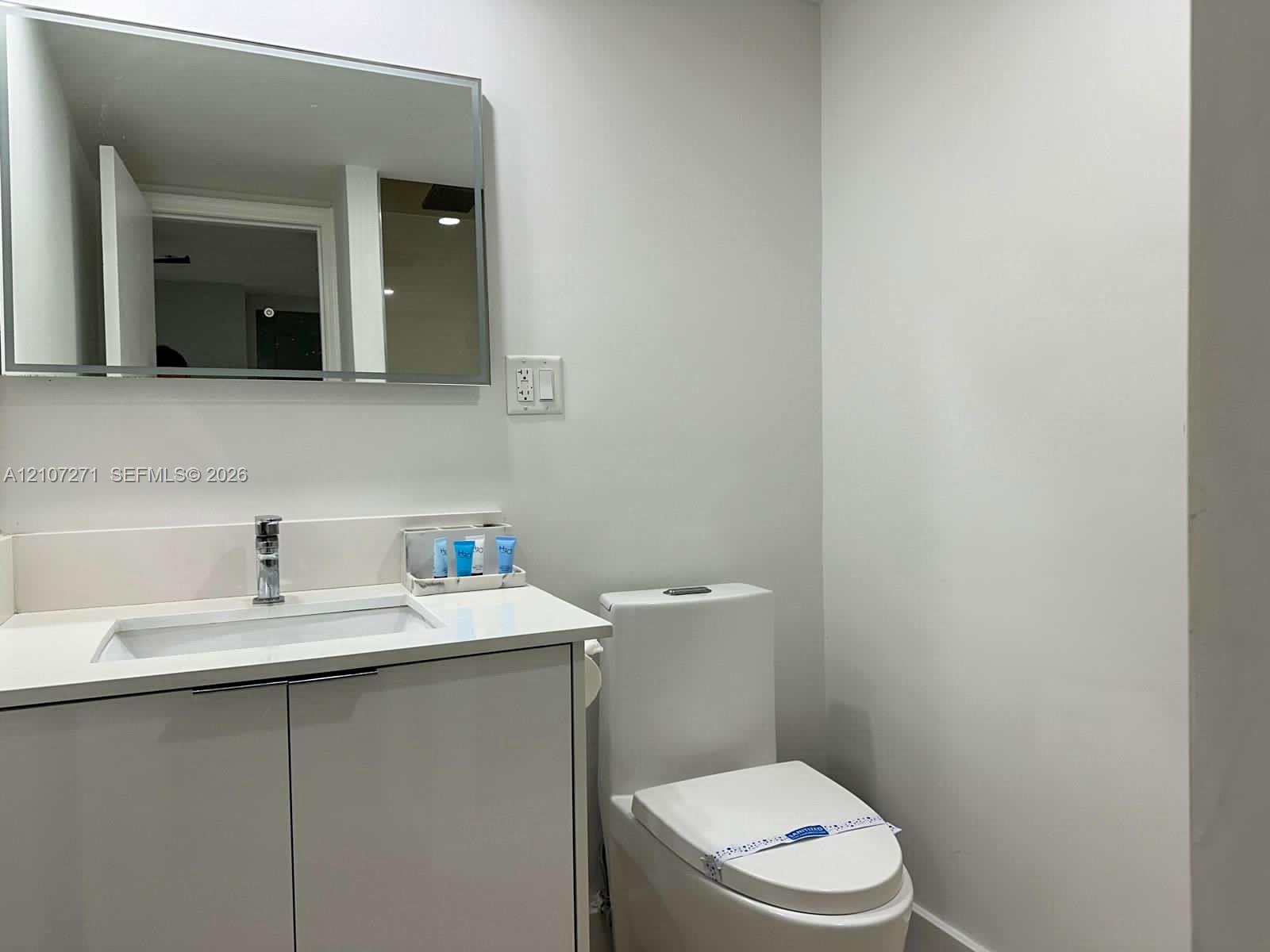 Vanity featuring a clean-lined countertop with an integrated rectangular basin, cabinet storage, a wall-mounted rectangular mirror, and a dual-flush toilet