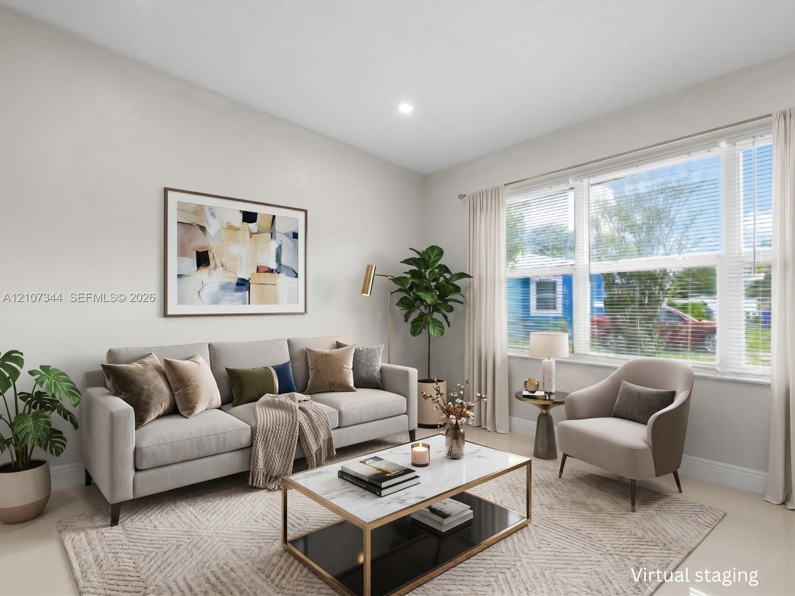 Neutral wall palette with a large multi-pane window featuring horizontal blinds and recessed ceiling lighting