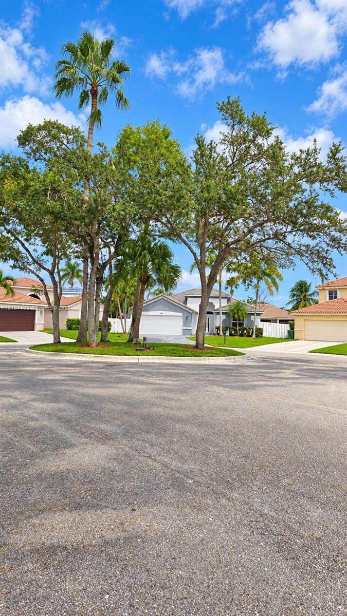 Exterior profile featuring a concrete tile roof, light-toned stucco facade, paved driveway, and mature landscaping with palm trees Exterior profile featuring a concrete tile roof, light-toned stucco facade, paved driveway, and mature landscaping with palm trees