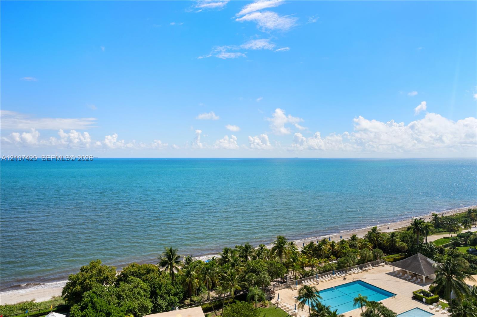 Oceanfront panorama featuring direct water access, a swimming pool, paved sundeck, and lush tropical landscaping