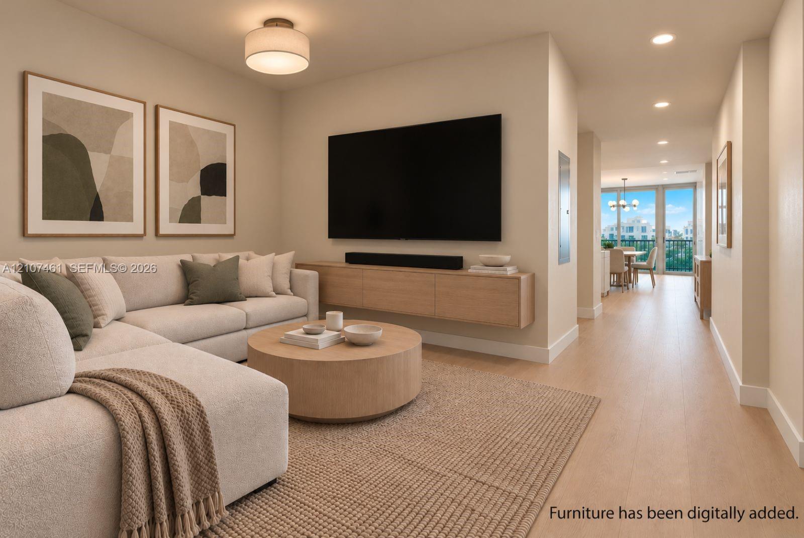 Light-toned wood-finish flooring, wall-mounted floating cabinetry, flush-mount drum lighting, and recessed ceiling lights