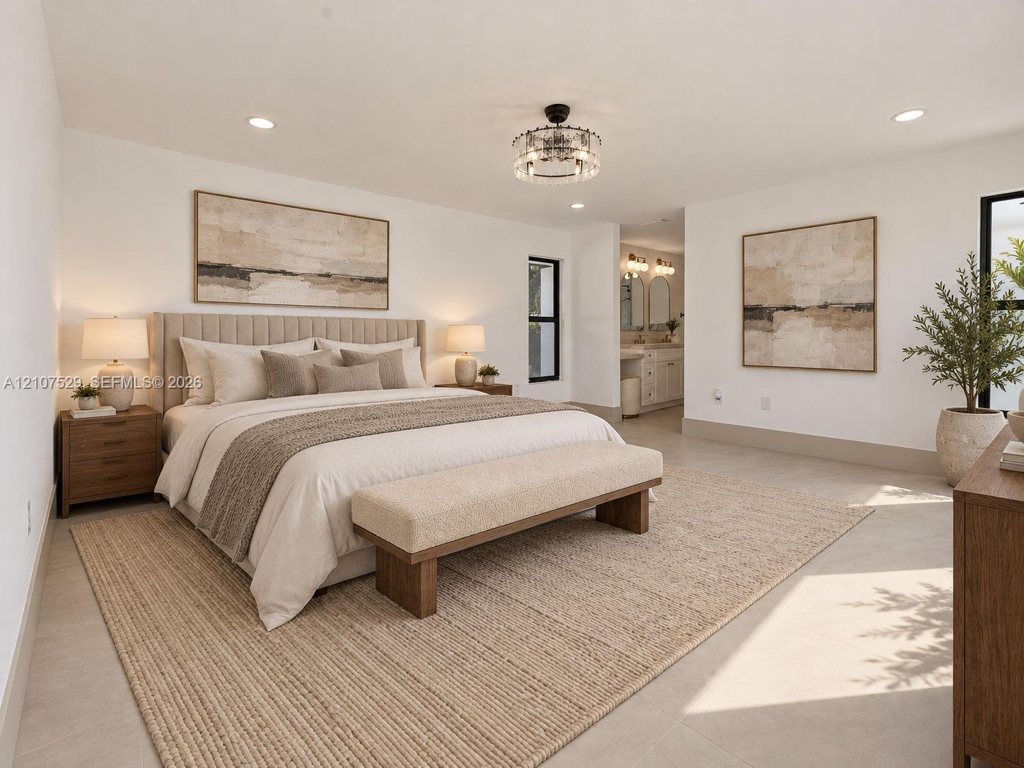 Neutral-toned tile flooring, recessed lighting, industrial-style drum ceiling fan with integrated lighting, and high-contrast window frames