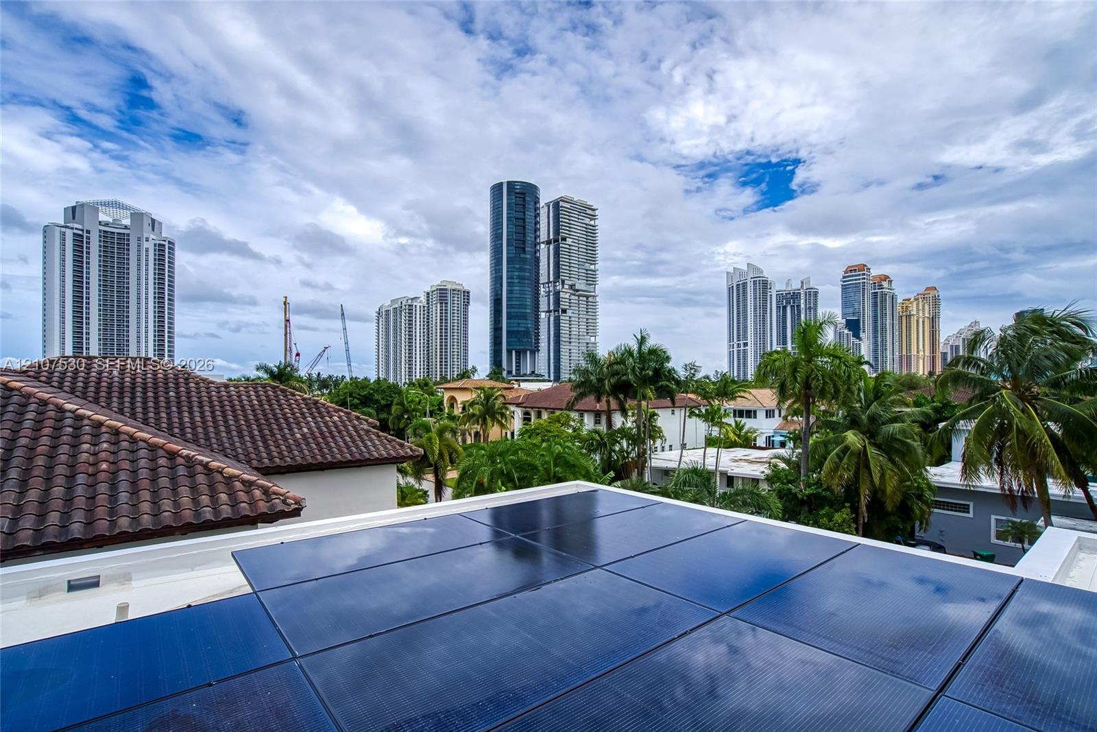 Rooftop solar panel array featuring a clay tile roof section, mature palm trees, and an urban skyline backdrop
