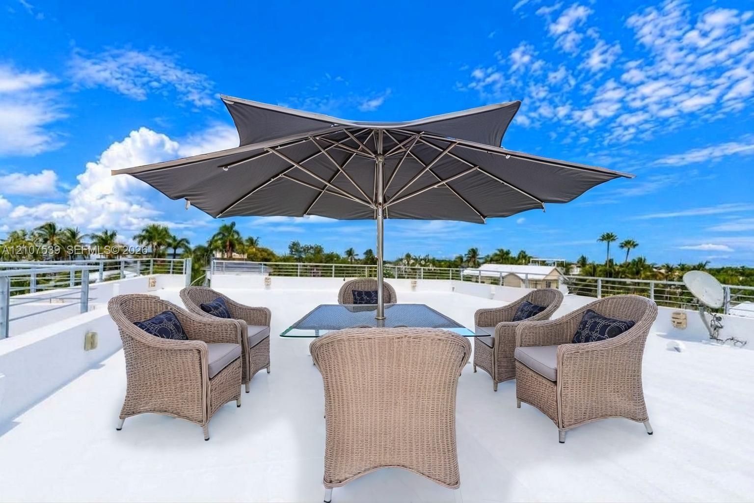 Rooftop terrace featuring a flat deck surface and perimeter metal railing