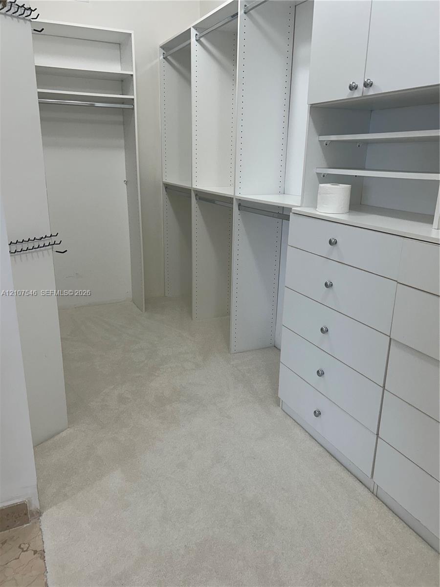 Walk-in closet featuring white built-in cabinetry, floor-to-ceiling shelving, multiple drawer units, and hanging rods
