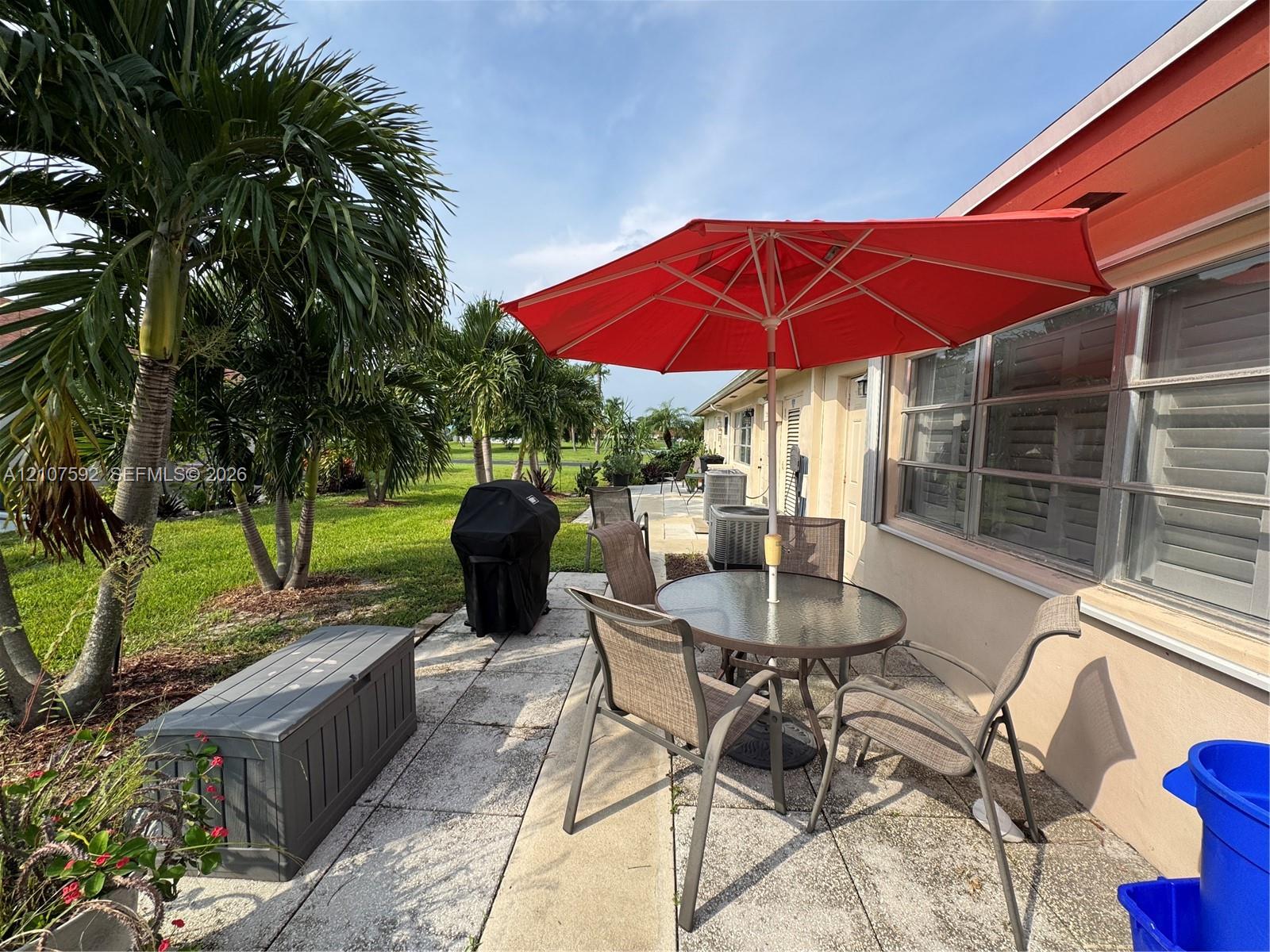 Concrete patio area featuring aluminum-framed windows and mature palm trees