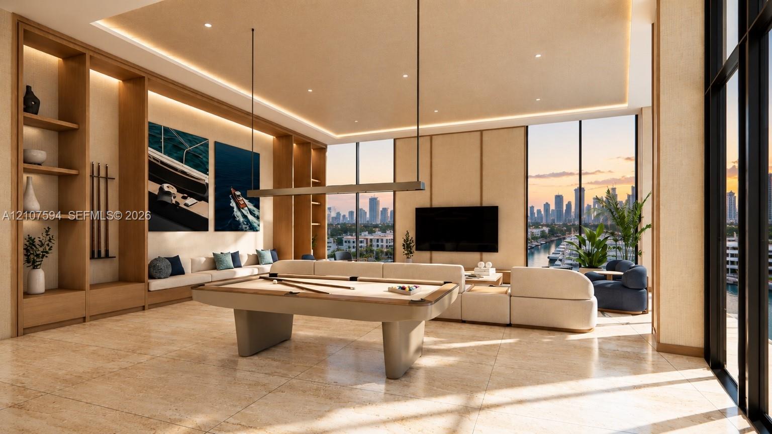 Custom floor-to-ceiling wood shelving, tile flooring, recessed cove lighting, and expansive floor-to-ceiling windows