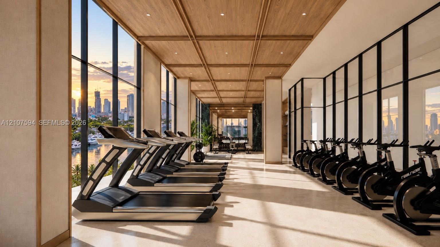 Fitness center featuring floor-to-ceiling windows, wood-paneled coffered ceilings, recessed lighting, and stone-finish flooring