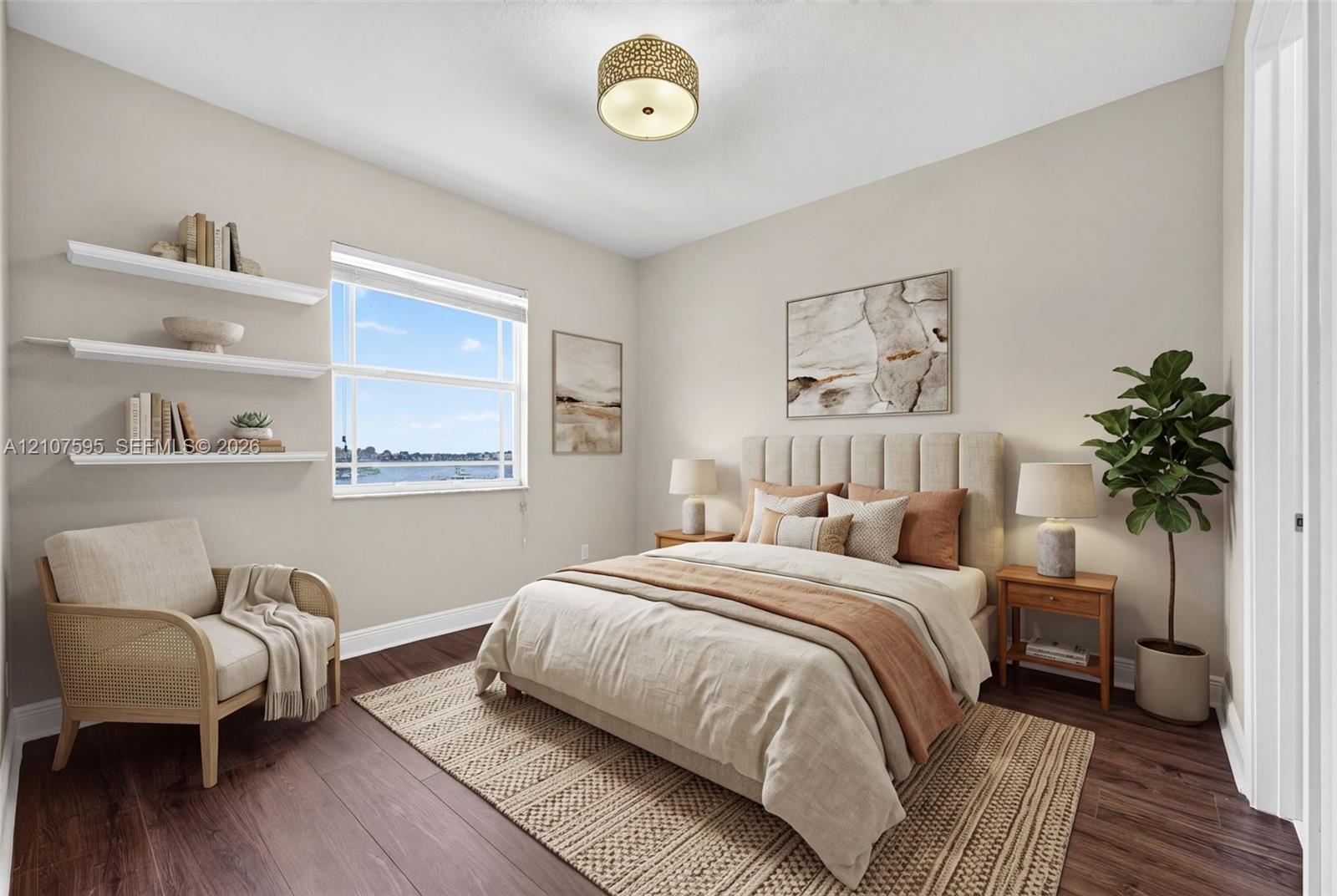 Room featuring wood-finish flooring, three built-in wall-mounted shelves, a single-hung window, and a drum-style ceiling light fixture