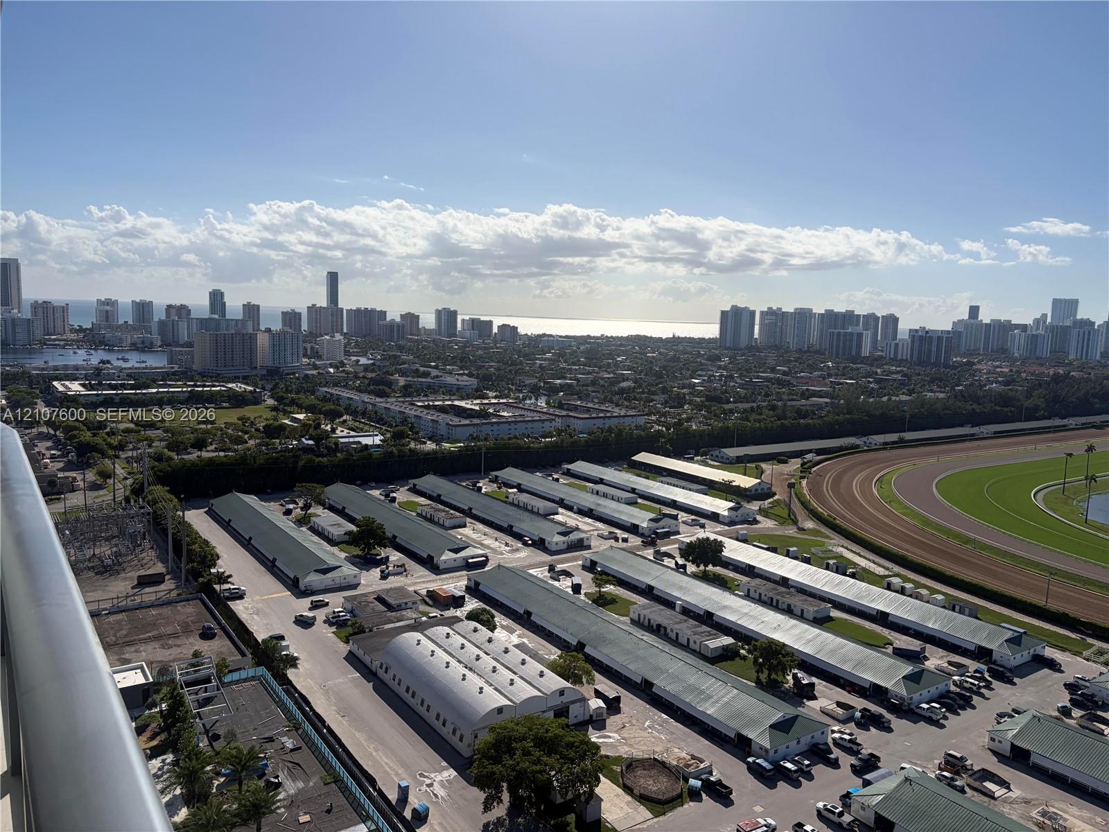 Elevated perspective featuring coastal city skyline, ocean horizon, and racetrack grounds Elevated perspective featuring coastal city skyline, ocean horizon, and racetrack grounds