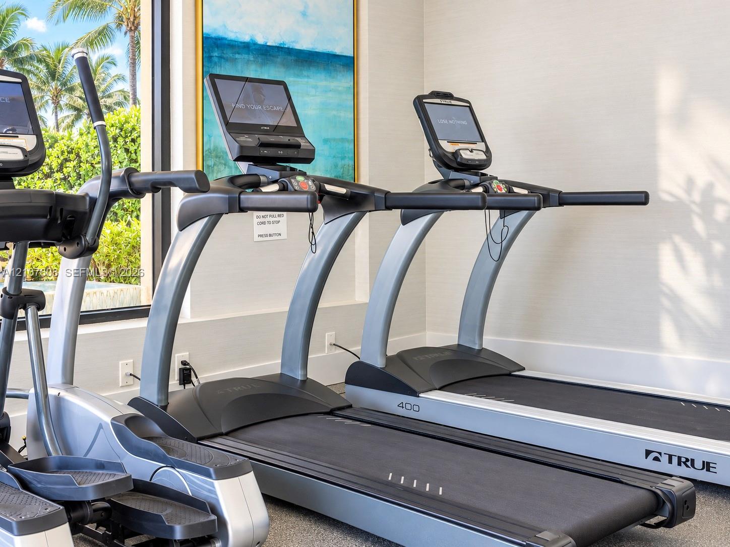 Fitness center featuring professional-grade treadmills and elliptical equipment with integrated touch-screen displays and large windows providing natural light