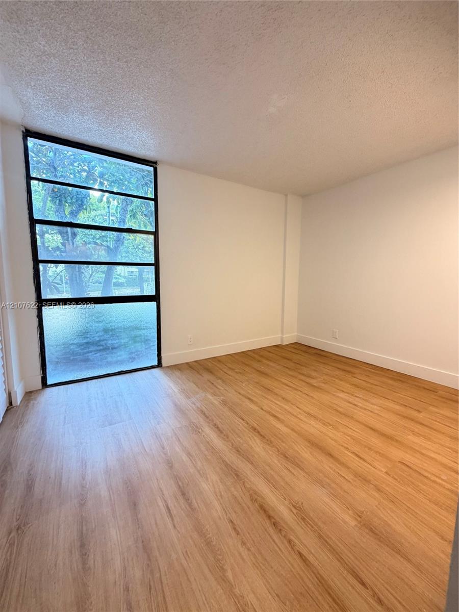 Room interior featuring wood-finish flooring, white walls, and a large multi-pane window with a black frame