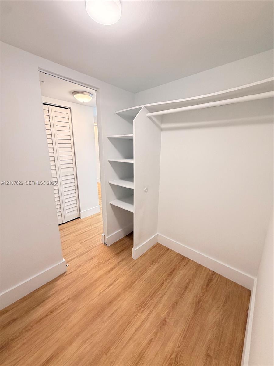 Walk-in closet featuring wood-finish flooring, built-in shelving, and a hanging rod