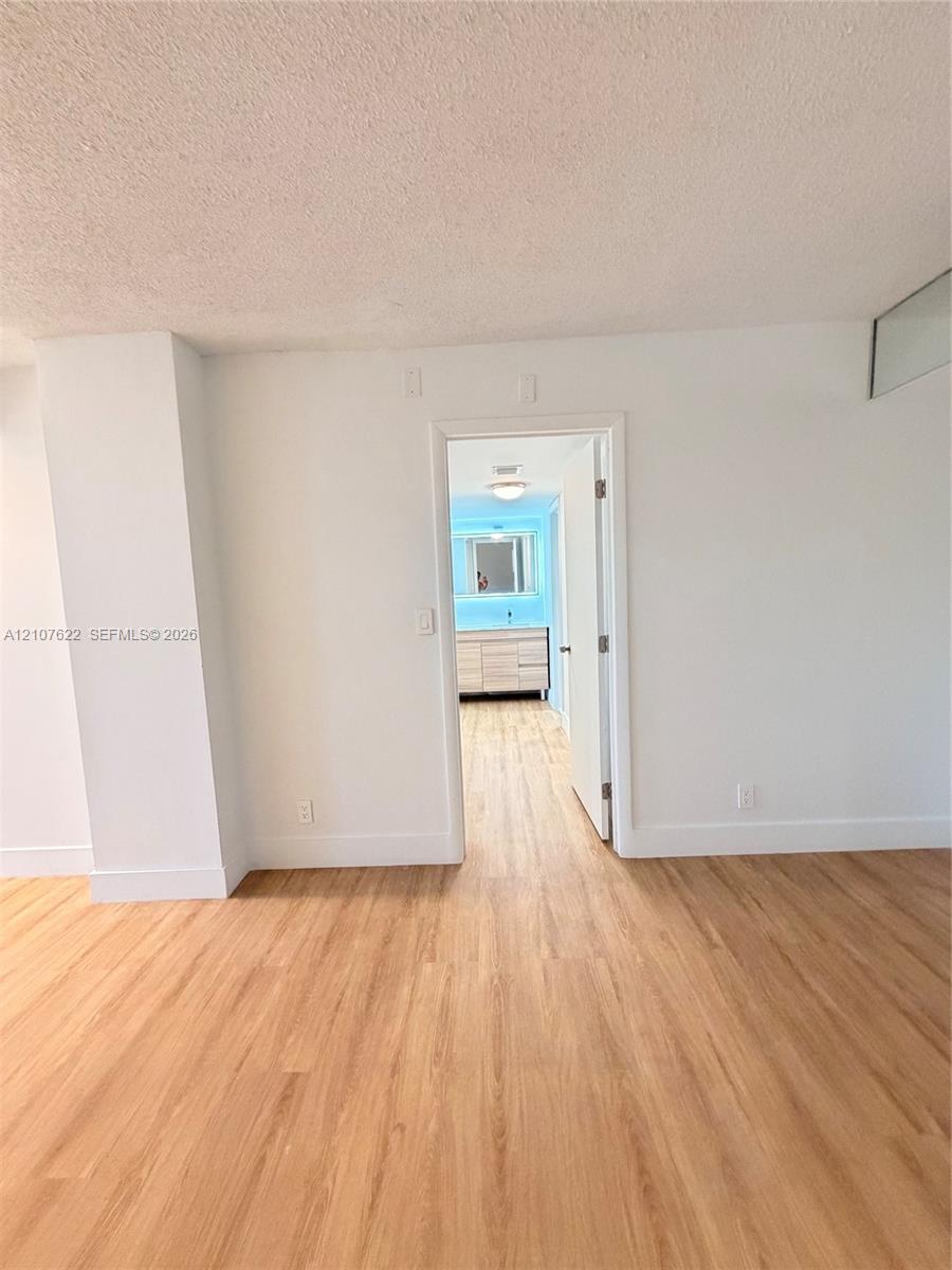 Wood-finish flooring throughout, featuring a single-panel interior door and a vanity with cabinetry