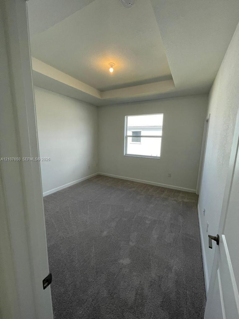 Tray ceiling, neutral wall tones, plush wall-to-wall carpeting, single-pane window, and central overhead lighting