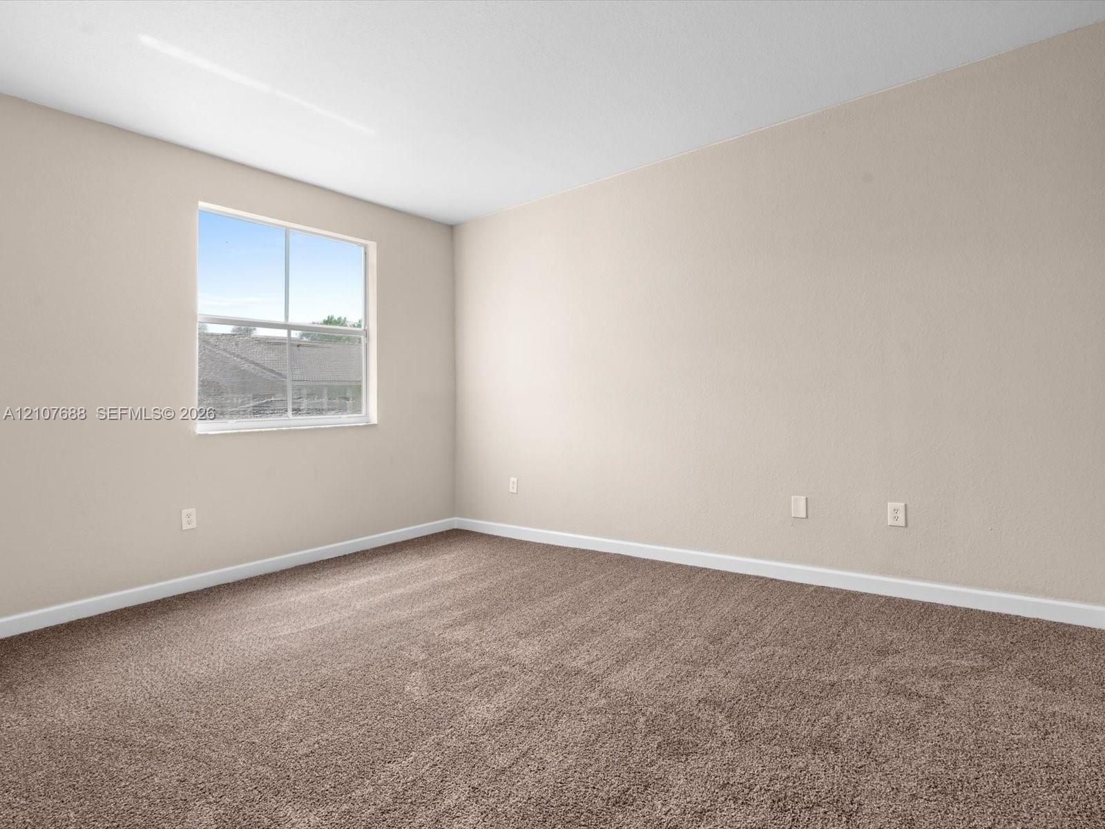 Neutral-toned walls, wall-to-wall carpeting, and a single-hung window