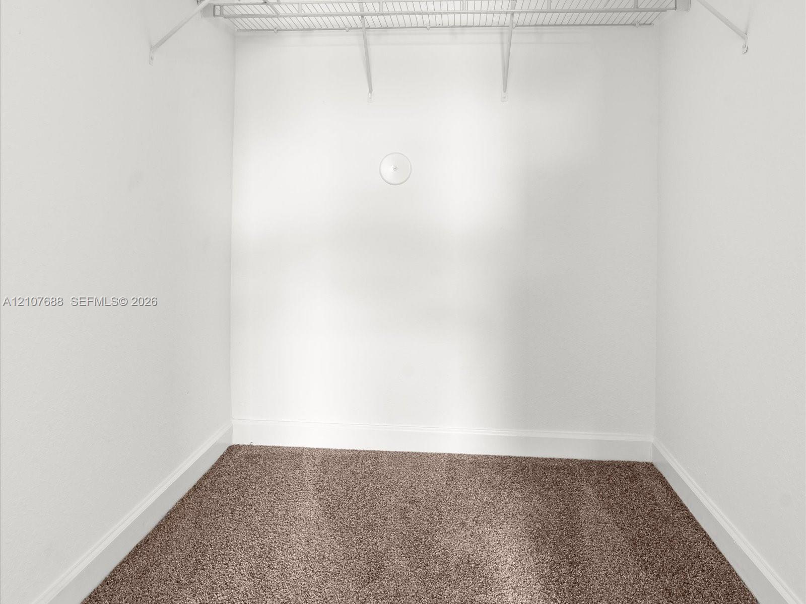 Storage area featuring wall-to-wall carpeting and an overhead wire shelving system