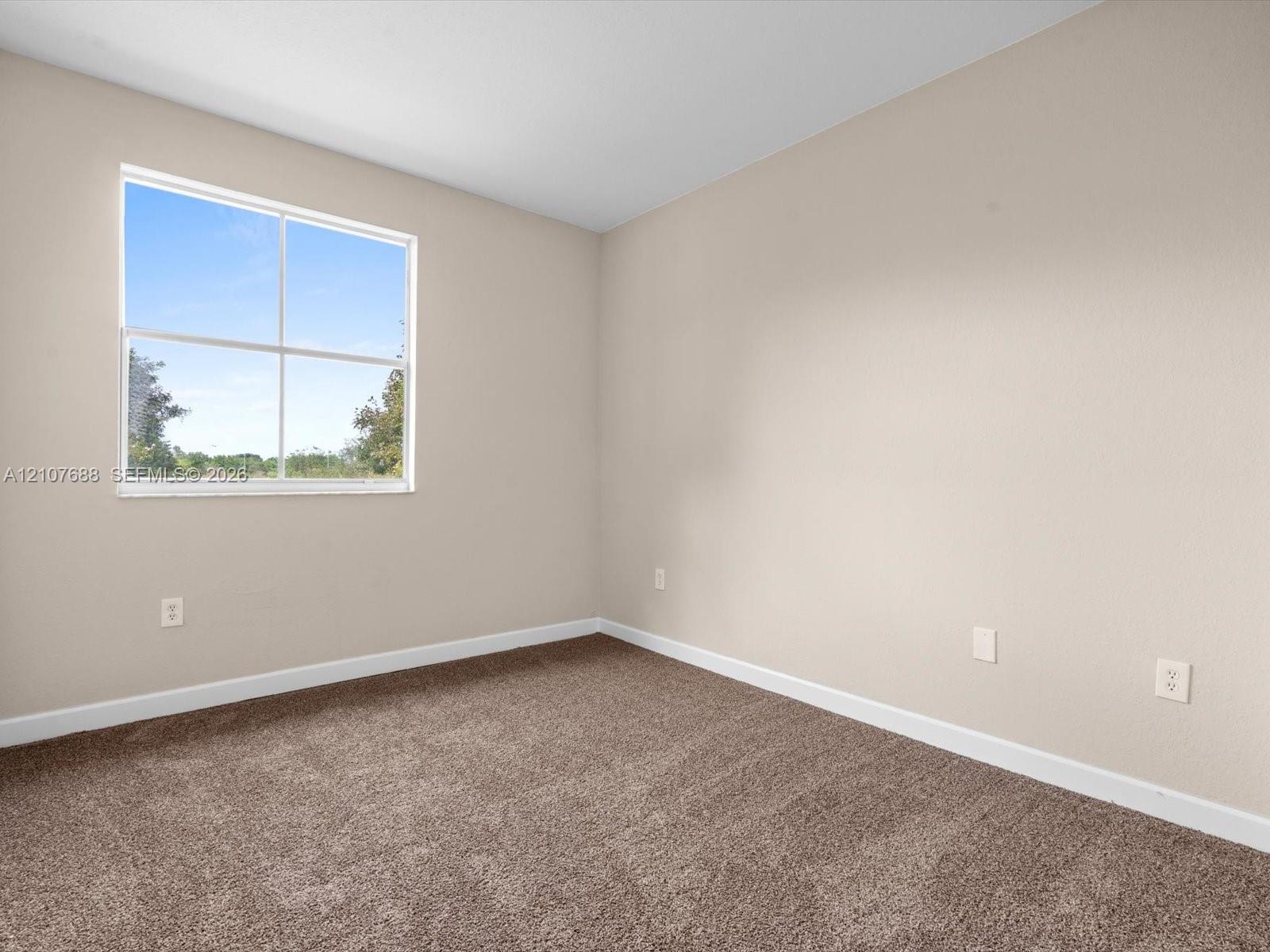 Neutral interior room featuring neutral wall paint, carpeting, and a large grid-patterned window