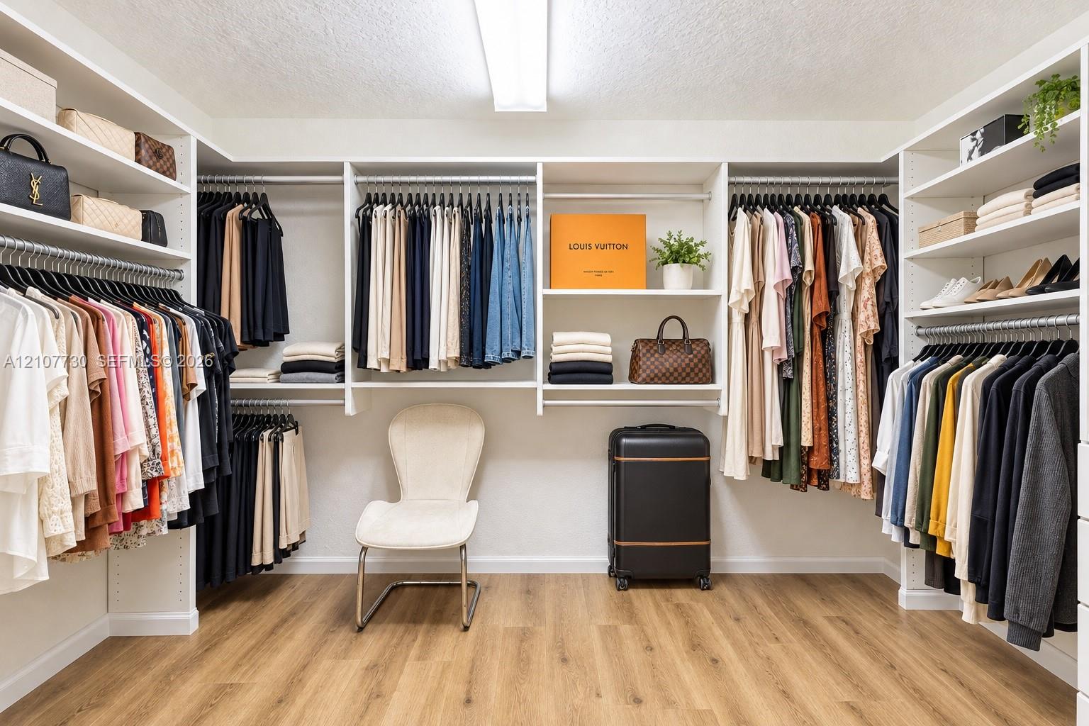 Custom walk-in closet featuring extensive built-in white shelving, multi-level hanging rods, and wood-finish flooring