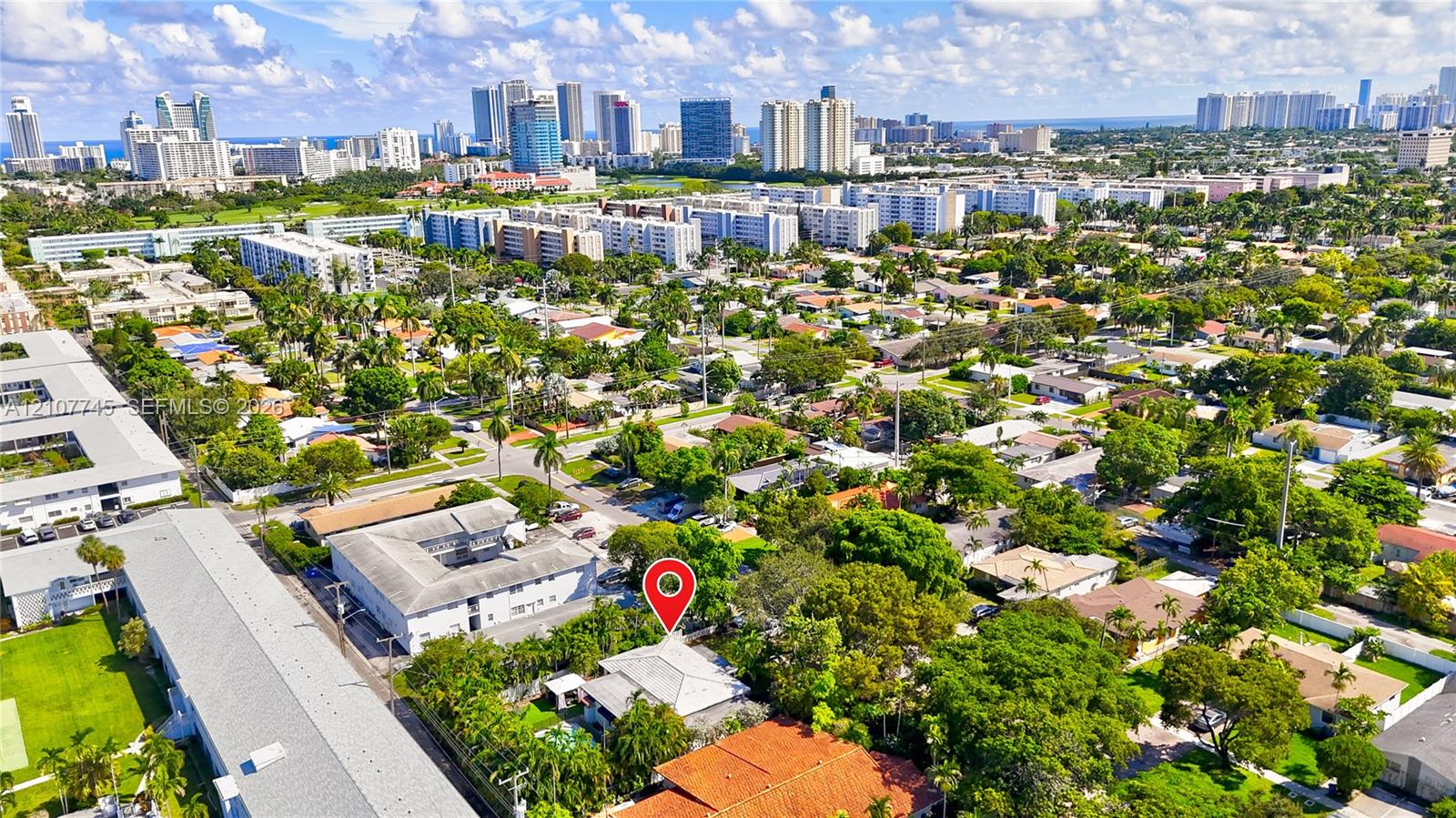 Aerial perspective of a residential property featuring a pitched roof, mature trees, and an urban cityscape horizon