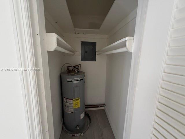 Utility closet featuring dual built-in shelving, a water heater, an electrical panel, and wood-finish flooring