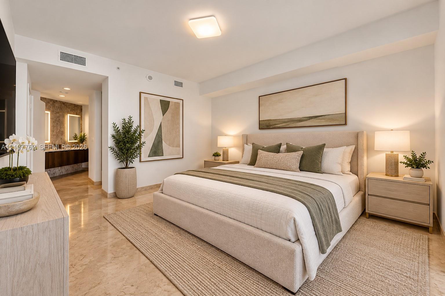 Polished stone flooring, recessed lighting, and flush-mount ceiling fixture