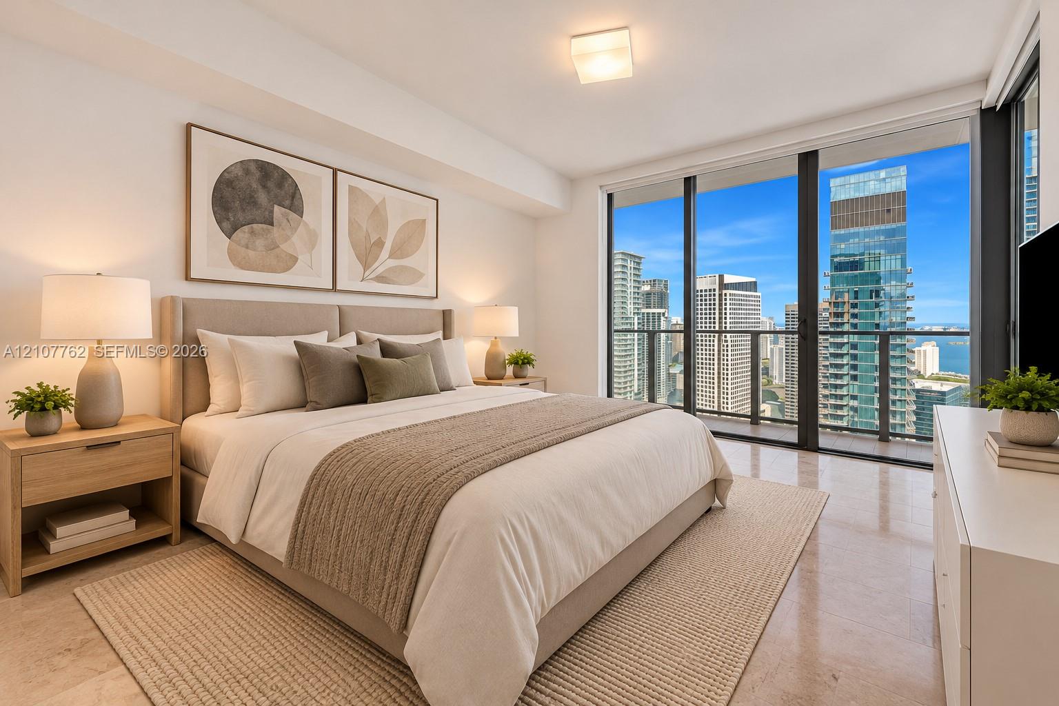 Floor-to-ceiling windows, polished stone flooring, and a private balcony featuring a metal railing with urban scenery
