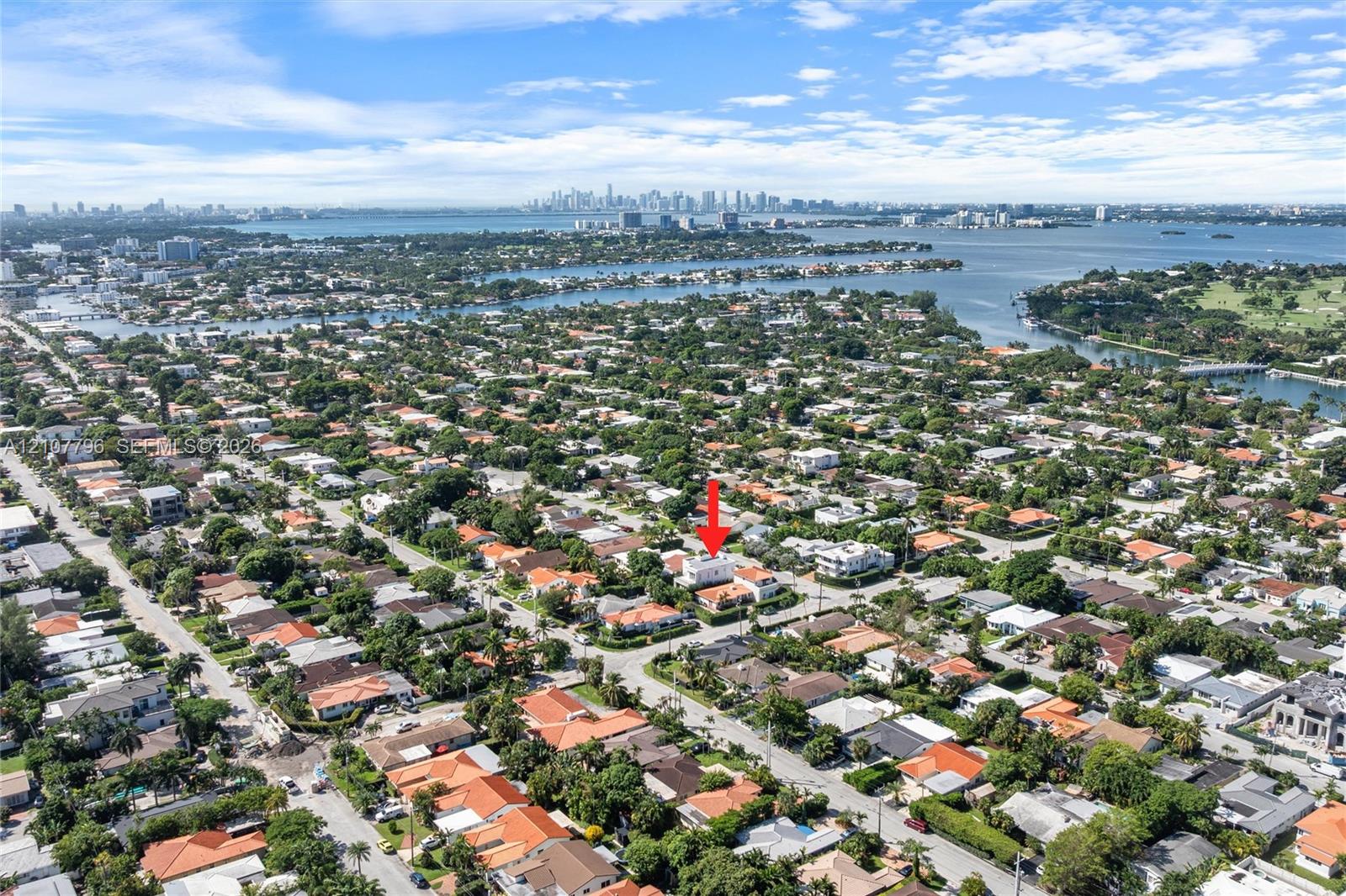 Aerial perspective of a residential property situated in a coastal neighborhood, featuring mature tree canopy, proximity to waterways, and a distant urban skyline backdrop