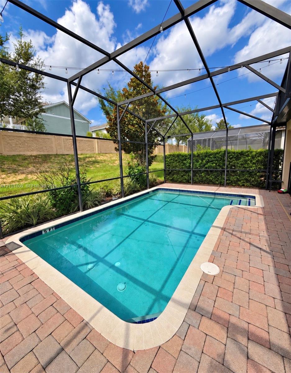Screen-enclosed swimming pool featuring a paver deck, perimeter hedge, and string lighting